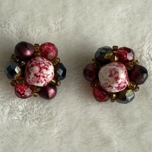Vintage Costume Clip On Baubble‎ Cluster Earrings Red Pink White Flower